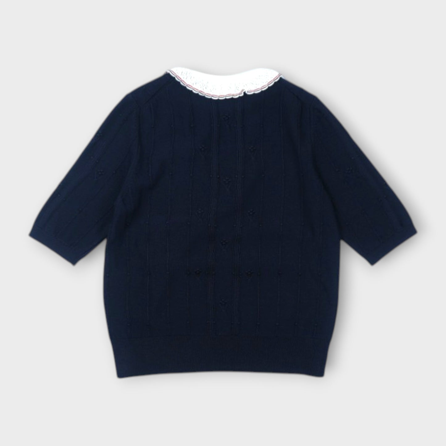 THOM BROWNE BOBBLE STITCH SS KNIT COTTON LACE TRIM TEE IN MERINO WOOL W/ RWB STRIPE