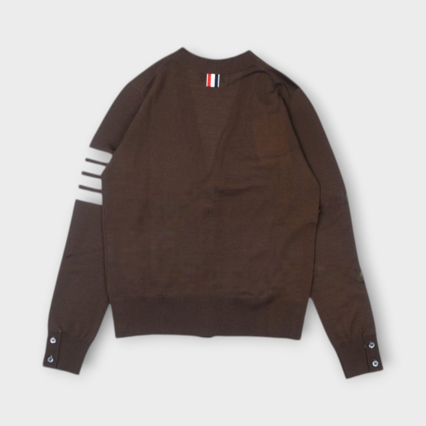 THOM BROWNE RELAXED FIT V-NECK CARDIGAN W/ 4 BAR IN FINE MERINO WOOL