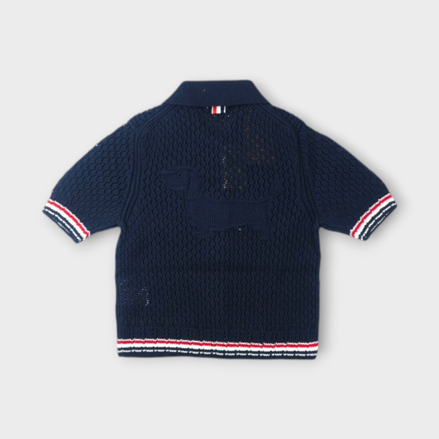 THOM BROWNE HECTOR POINTELLE STITCH SS POLO COLLAR CARDIGAN IN COTTON W/ RWB STRIPE