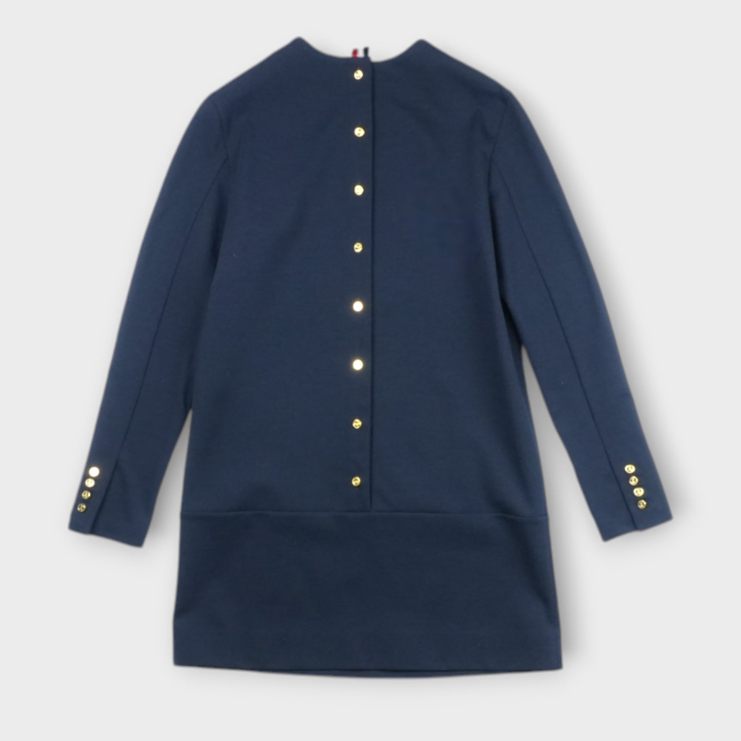 THOM BROWNE LONG SLEEVE MINI SHIFT DRESS W/ GOLD ANCHOR BUTTONS IN WOOL TECH MILANO
