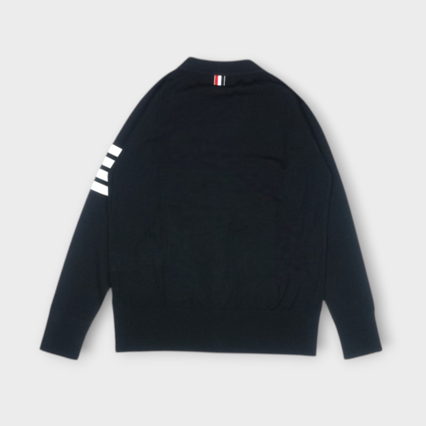 THOM BROWNE CLASSIC V-NECK CARDIGAN IN FINE MERINO WOOL W/ 4BAR STRIPES