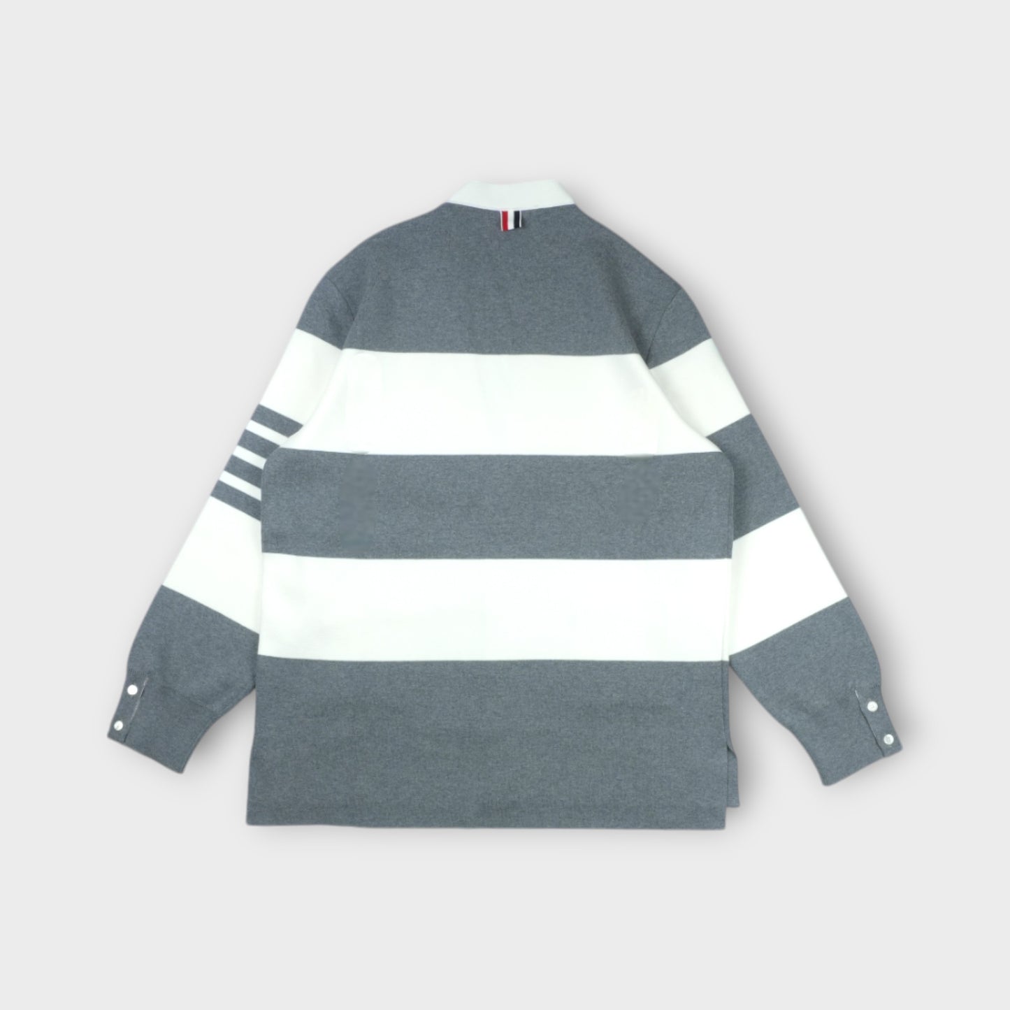 THOM BROWNE RUGBY STRIPE MILANO STITCH V NECK CARDIGAN IN LIGHTWEIGHT COTTON W/ 4BAR STRIPE