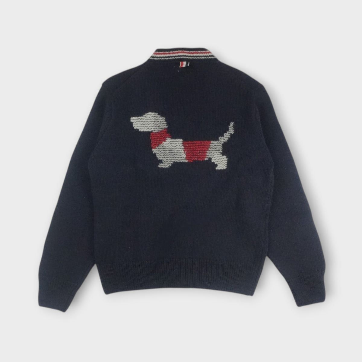 THOM BROWNE HECTOR PATCHWORK JERSEY INTARSIA V NECK CARDIGAN IN DONEGAL W/ RWB STRIPE
