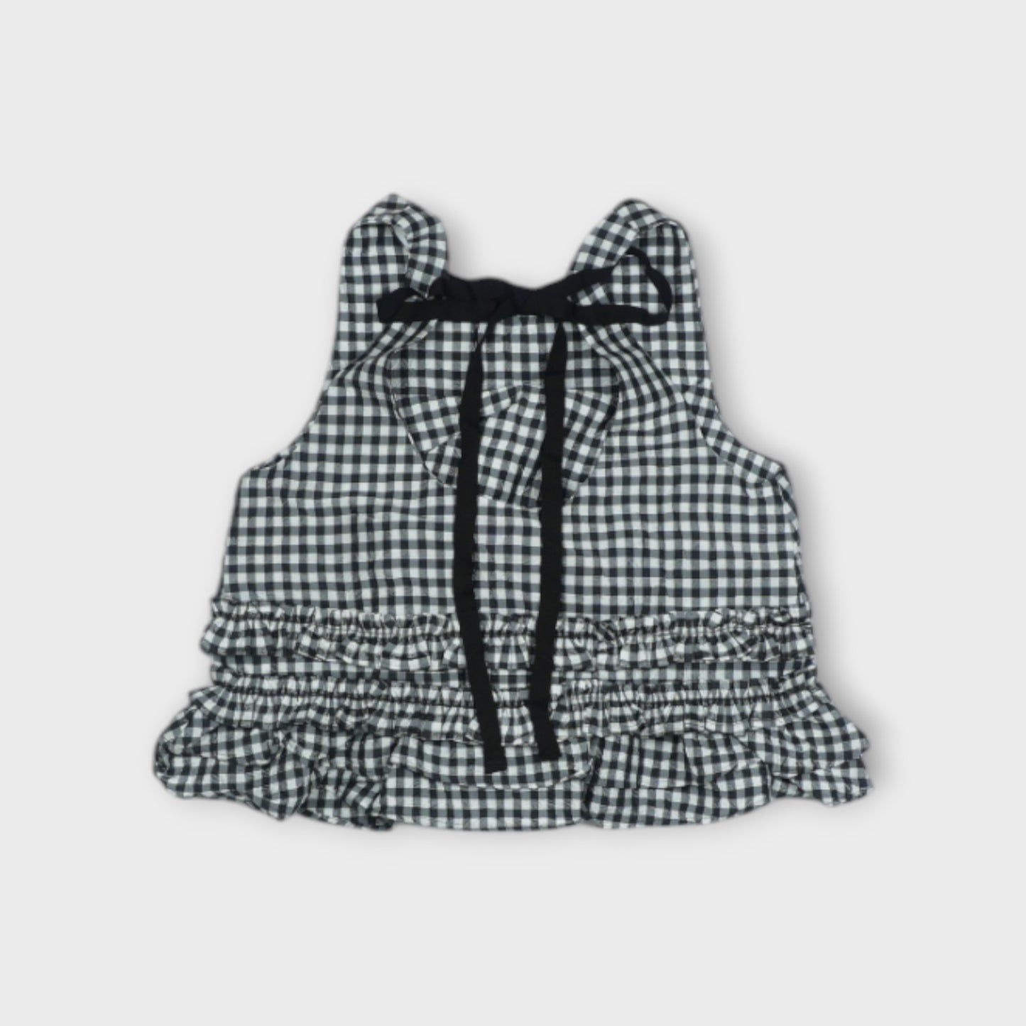 GANNI Crinkled Taffeta Check Open Back Frill Top
