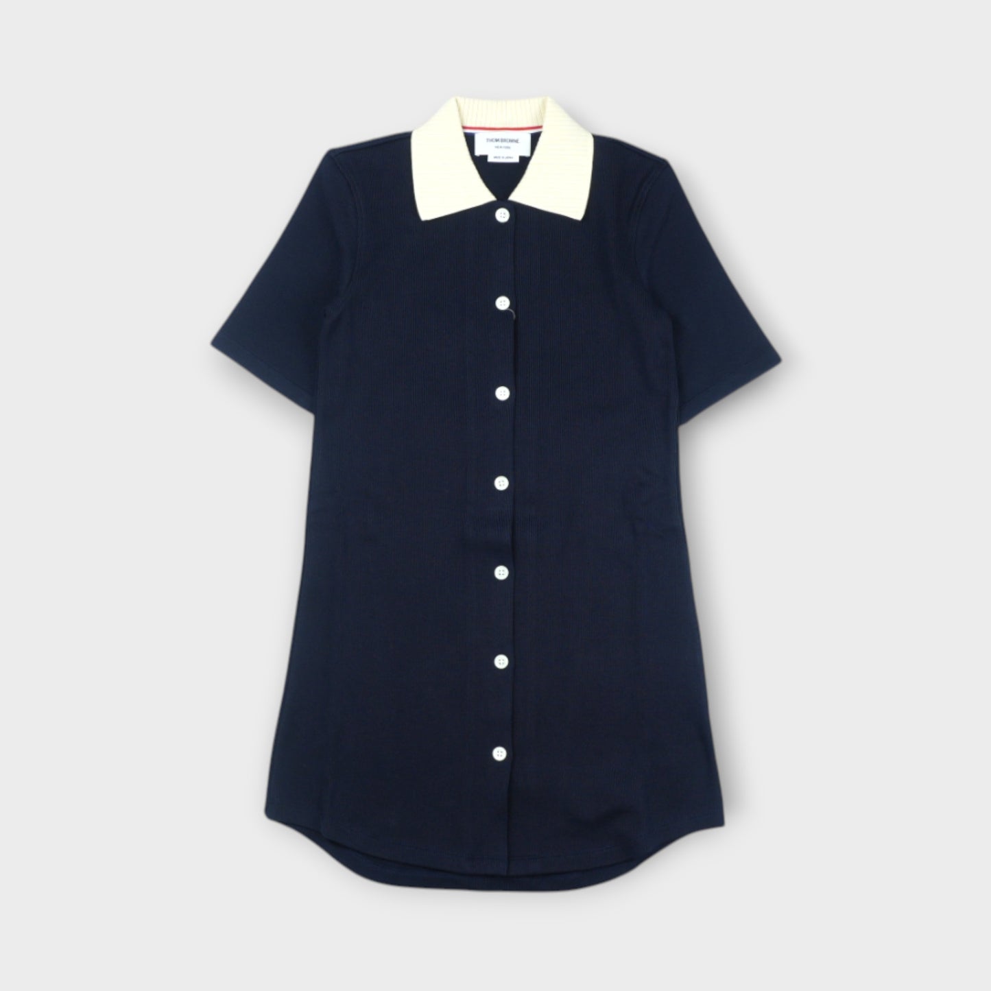 THOM BROWNE SHORT SLEEVE POLO DRESS W/ CONTRAST RIB TRIM IN SOLID DOUBLE FACE KNIT