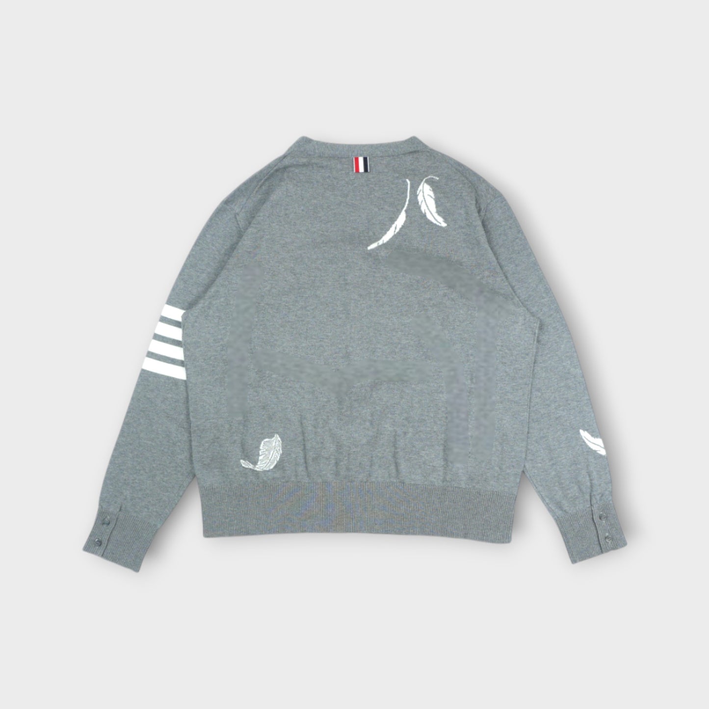 THOM BROWNE FEATHER JERSEY INTARSIA HIGH V NECK CARDIGAN IN COTTON W/ 4 BAR STRIPE