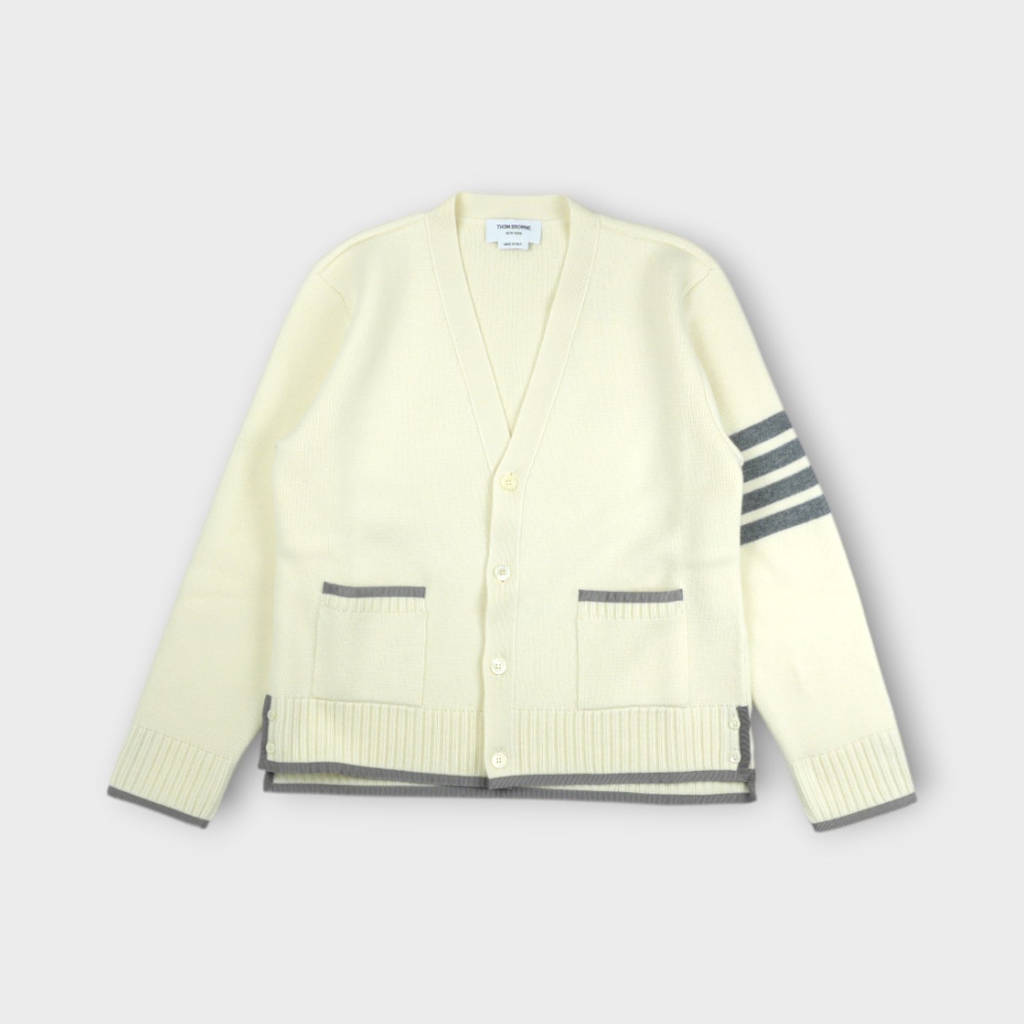 THOM BROWNE MILANO STITCH V NECK CARDIGAN IN MERINO WOOL W/ GROSGRAIN TIPPING AND 4 BAR STRIPE