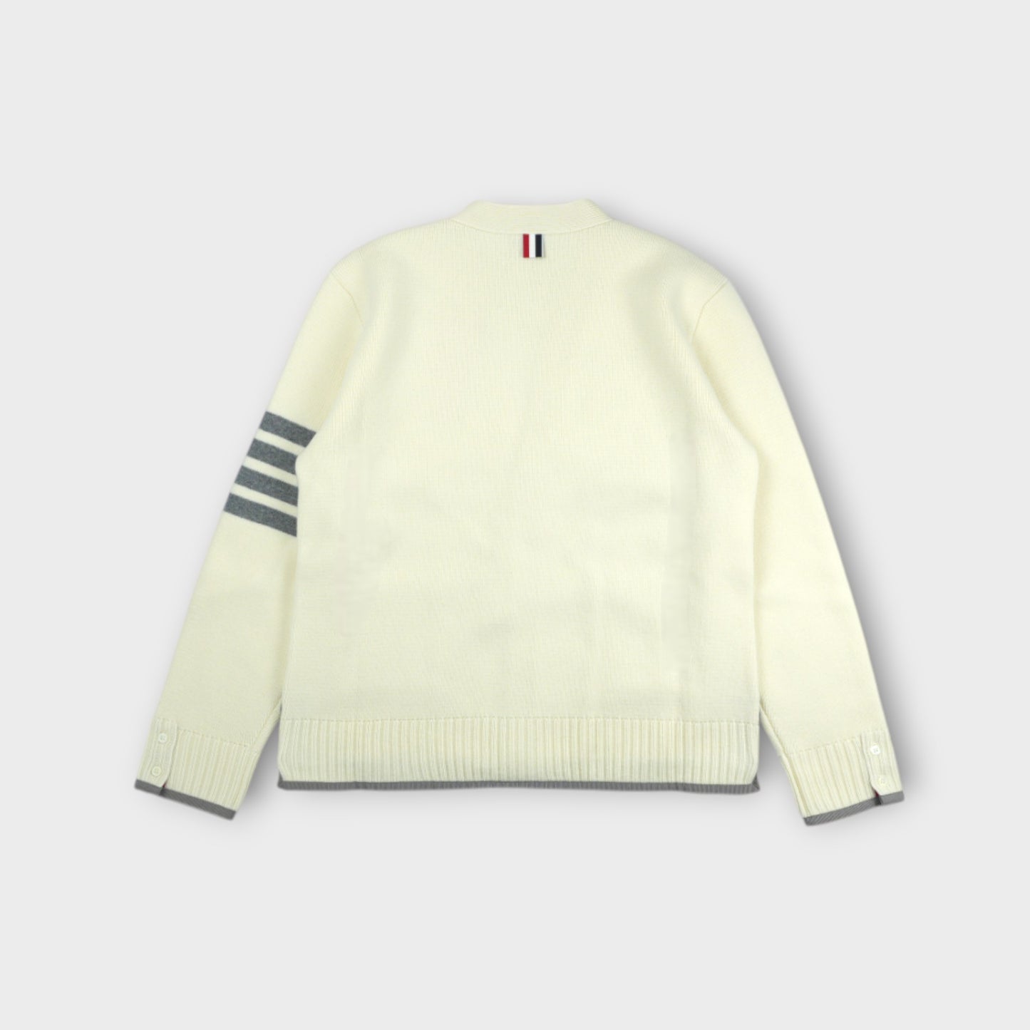 THOM BROWNE MILANO STITCH V NECK CARDIGAN IN MERINO WOOL W/ GROSGRAIN TIPPING AND 4 BAR STRIPE