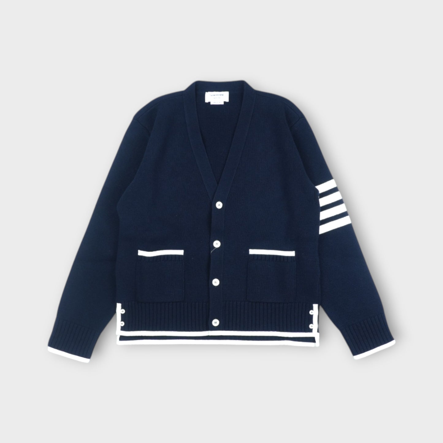 THOM BROWNE MILANO STITCH V NECK CARDIGAN IN MERINO WOOL W/ GROSGRAIN TIPPING AND 4 BAR STRIPE