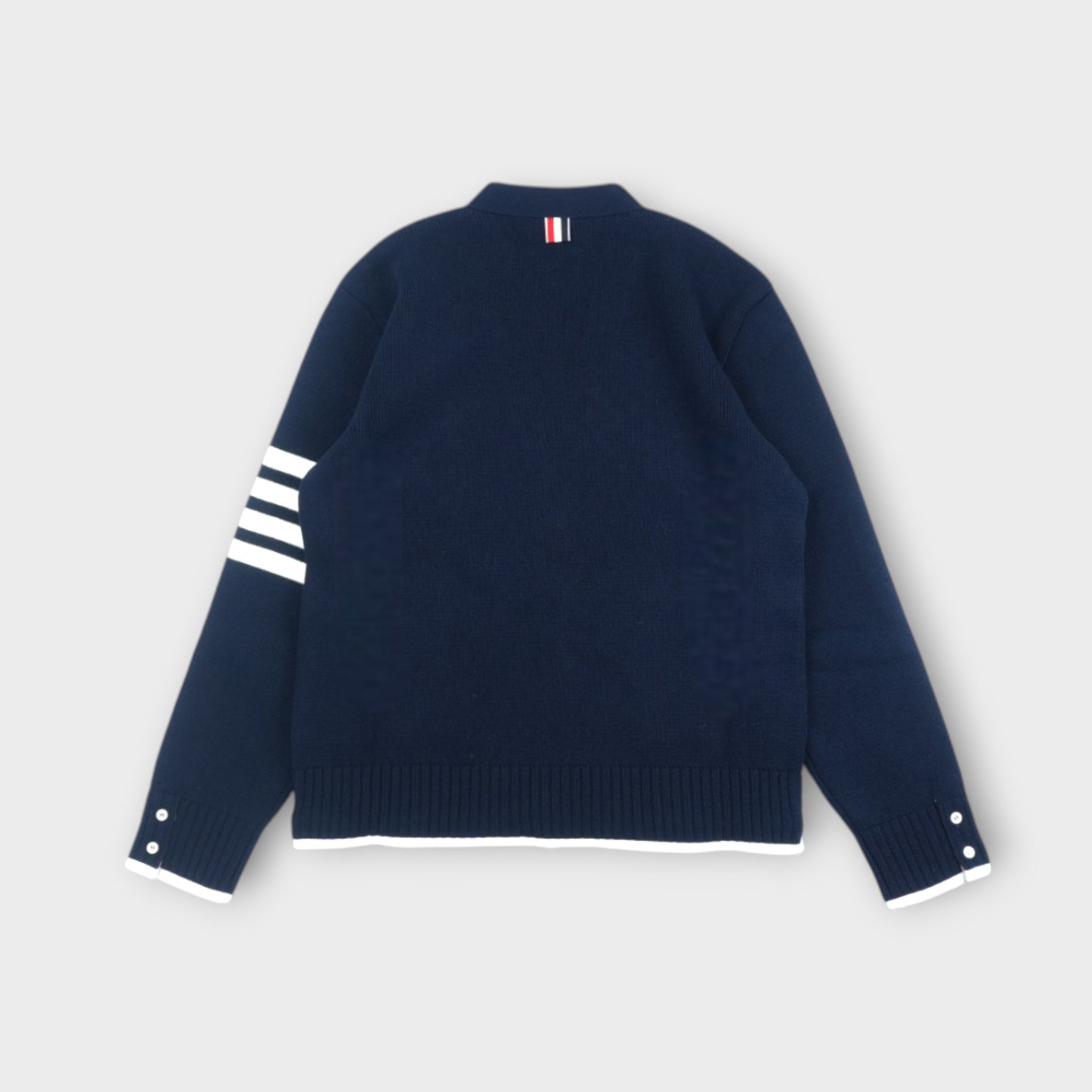 THOM BROWNE MILANO STITCH V NECK CARDIGAN IN MERINO WOOL W/ GROSGRAIN TIPPING AND 4 BAR STRIPE