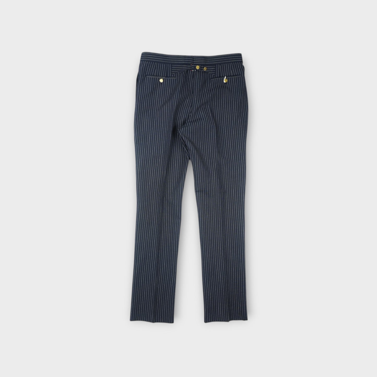 THOM BROWNE FIT 1 BACKSTRAP TROUSER IN PINSTRIPE HIGH TWIST WOOL SUITNG