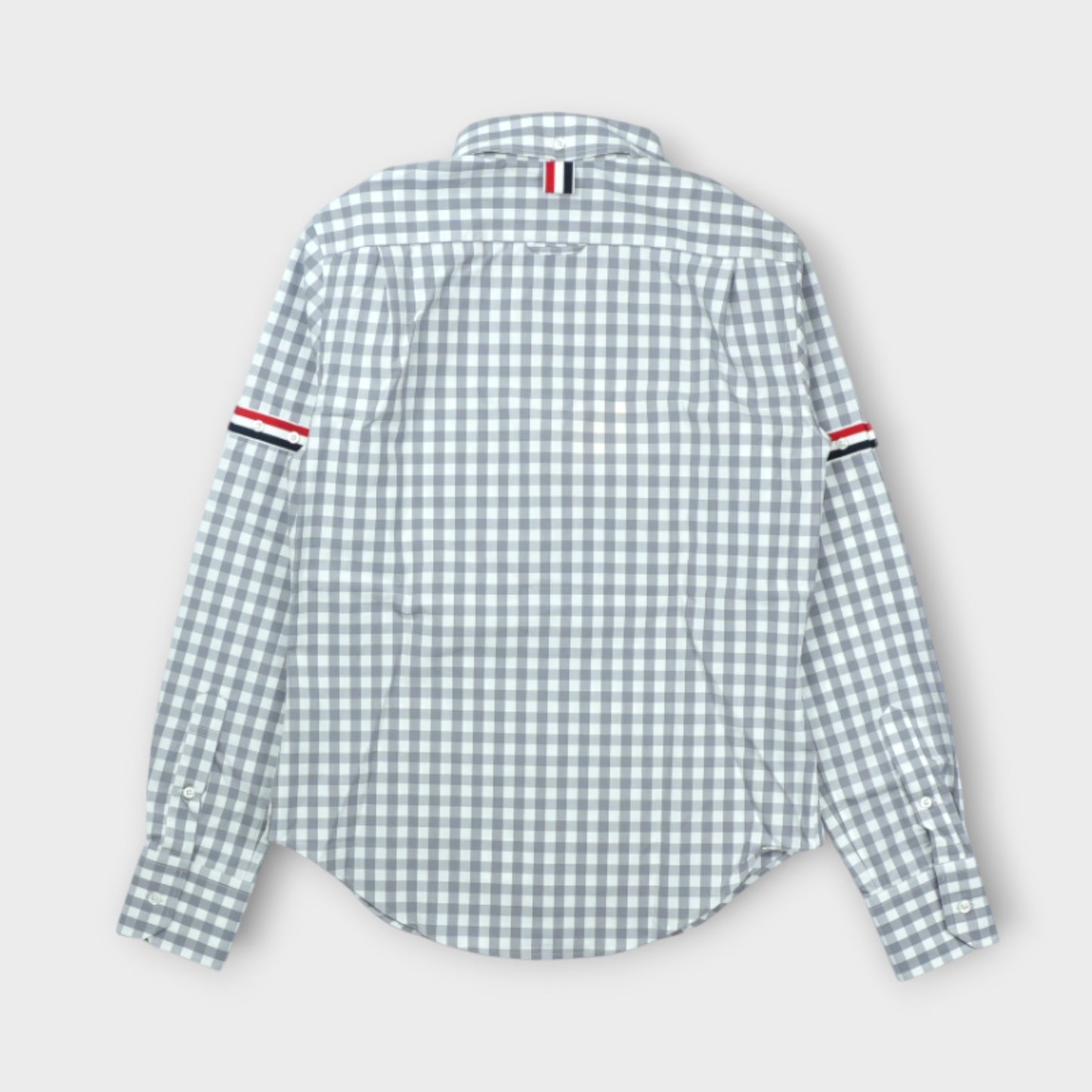 THOM BROWNE CLASSIC LONG SLEEVE POINT COLLAR SHIRT W/ARMBANDS IN GINGHAM CHECK POPLIN