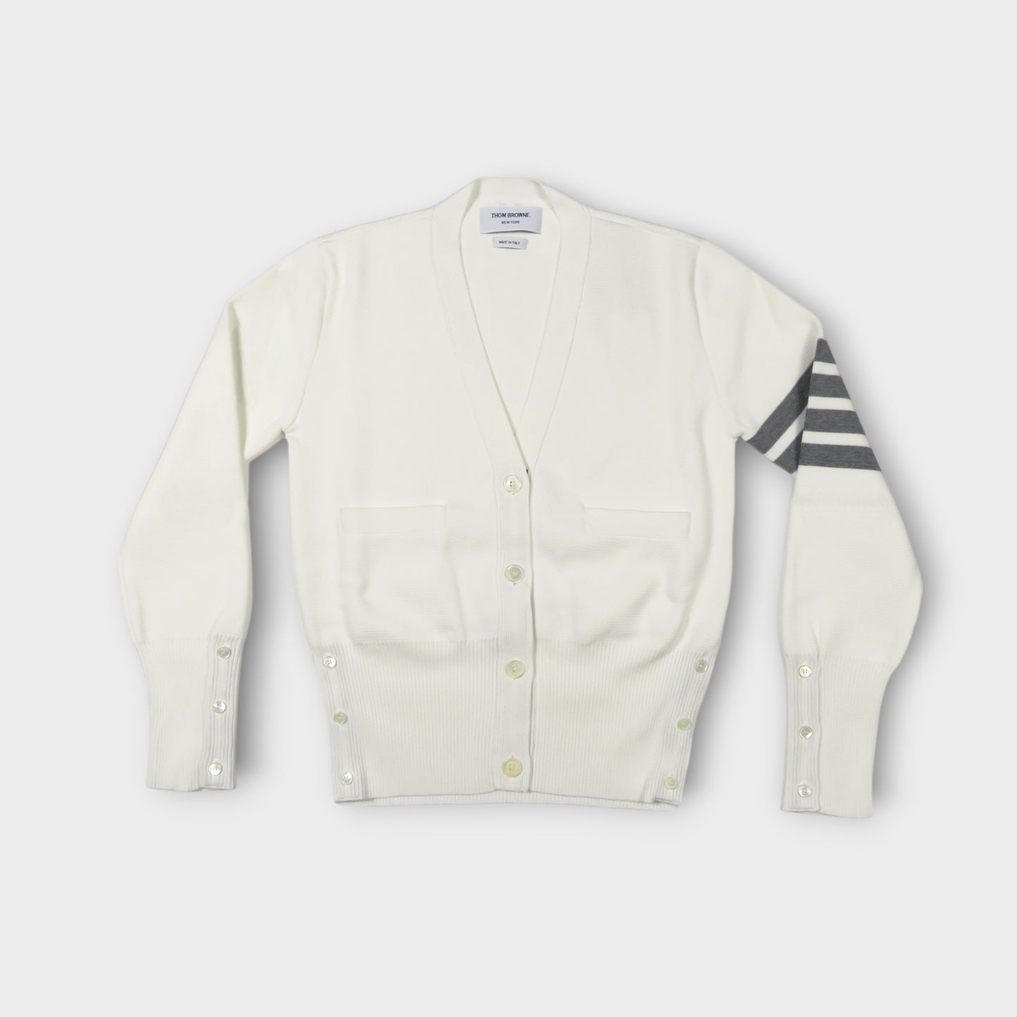 THOM BROWNE MILANO CLASSIC V NECK CARDIGAN W/ 4 BAR STRIPE IN COTTON CREPE