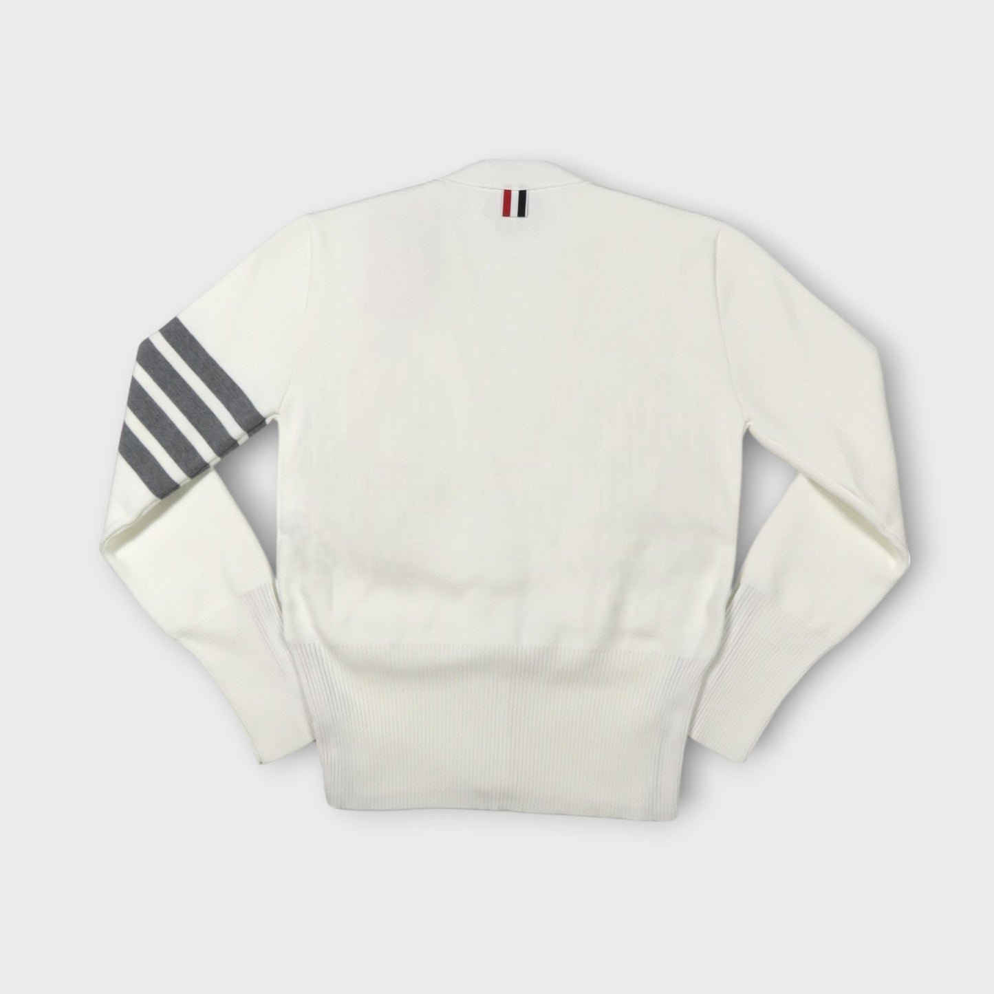 THOM BROWNE MILANO CLASSIC V NECK CARDIGAN W/ 4 BAR STRIPE IN COTTON CREPE