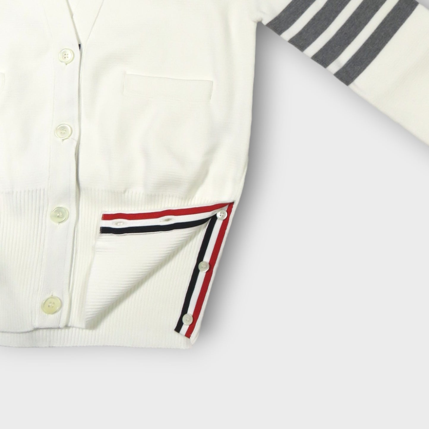 THOM BROWNE MILANO CLASSIC V NECK CARDIGAN W/ 4 BAR STRIPE IN COTTON CREPE