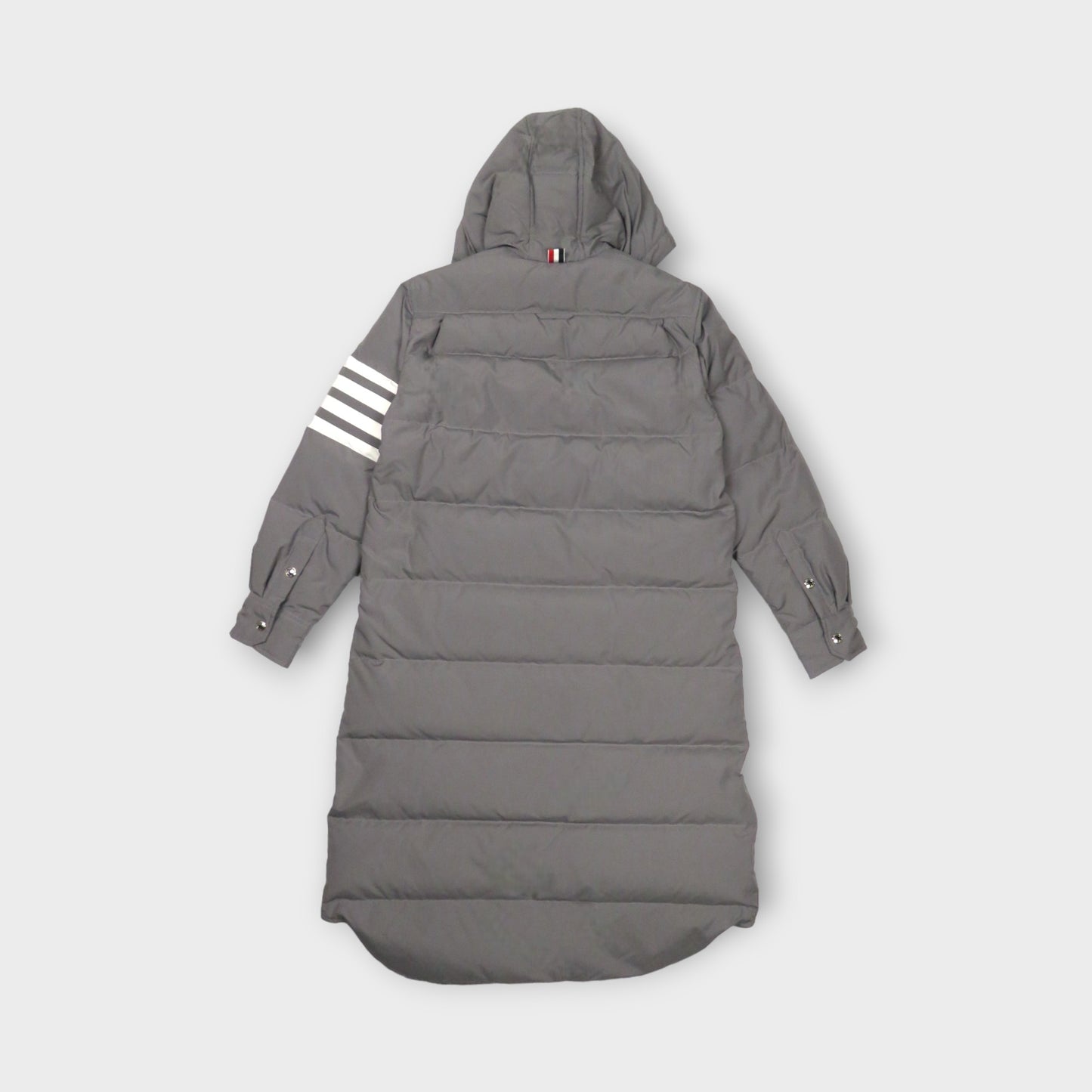 THOM BROWNE DOWN FILLED BELOW KNEE HOODED SHIRTDRESS W/ 4 BAR IN MILITARY RIPSTOP