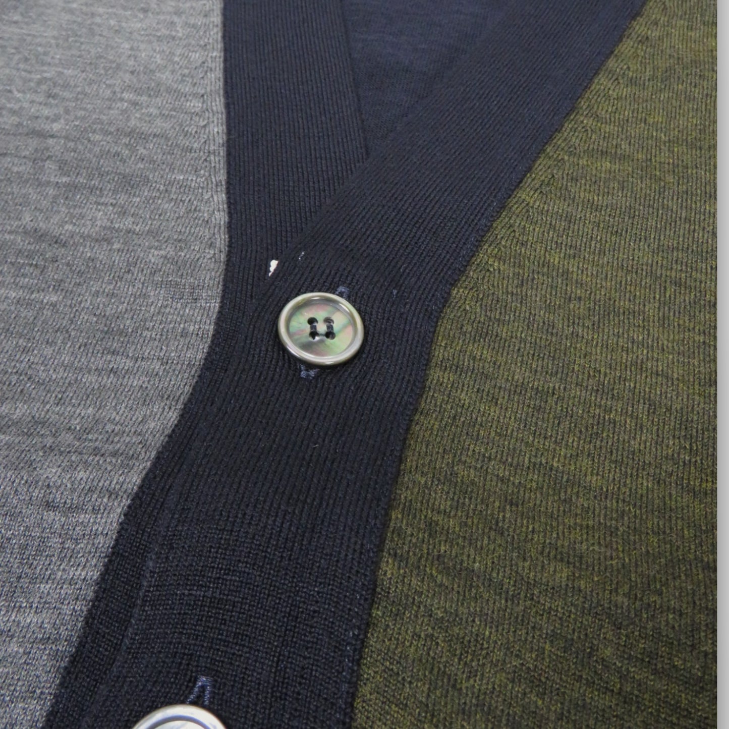 THOM BROWNE FUN MIX CLASSIC V NECK CARDIGAN IN FINE MERINO WOOL W/ 4 BAR STRIPES