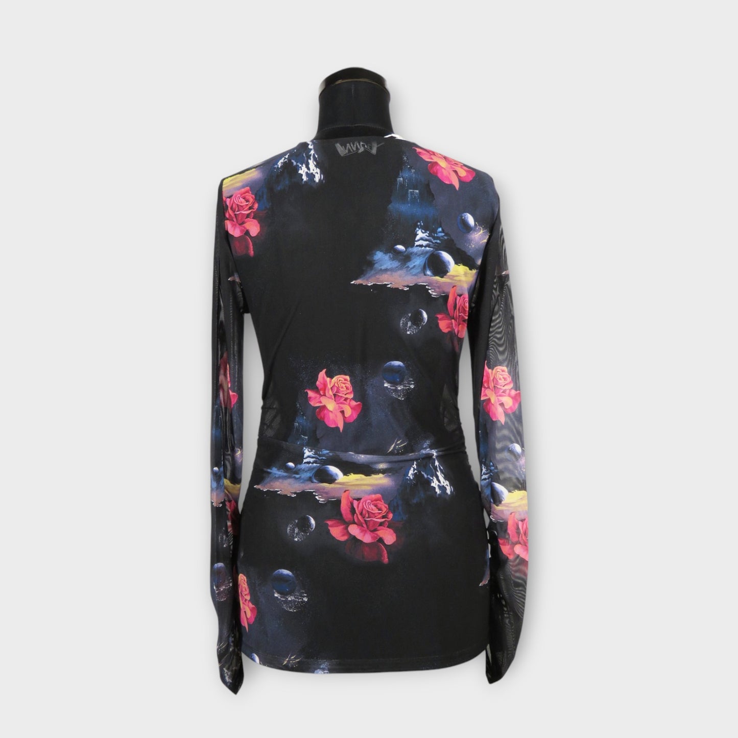 GANNI Printed Mesh Long Sleeve Gathered Blouse