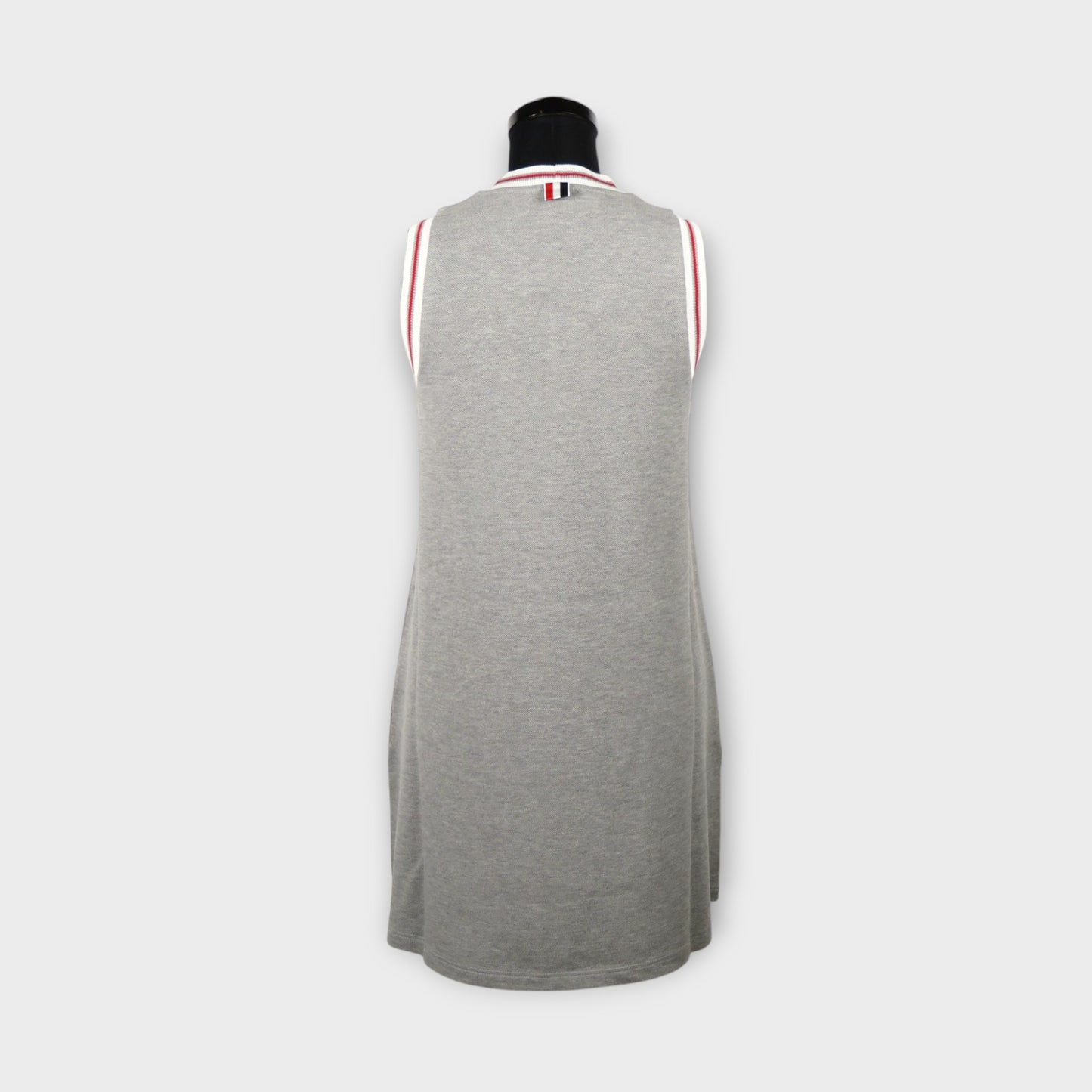 THOM BROWNE V NECK TENNIS DRESS W/ RWB CRICKET STRIPE IN CLASSIC PIQUE
