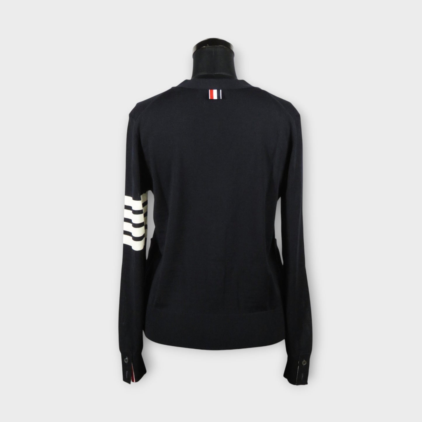 THOM BROWNE RELAXED FIT V-NECK CARDIGAN W/ 4 BAR IN FINE MERINO WOOL