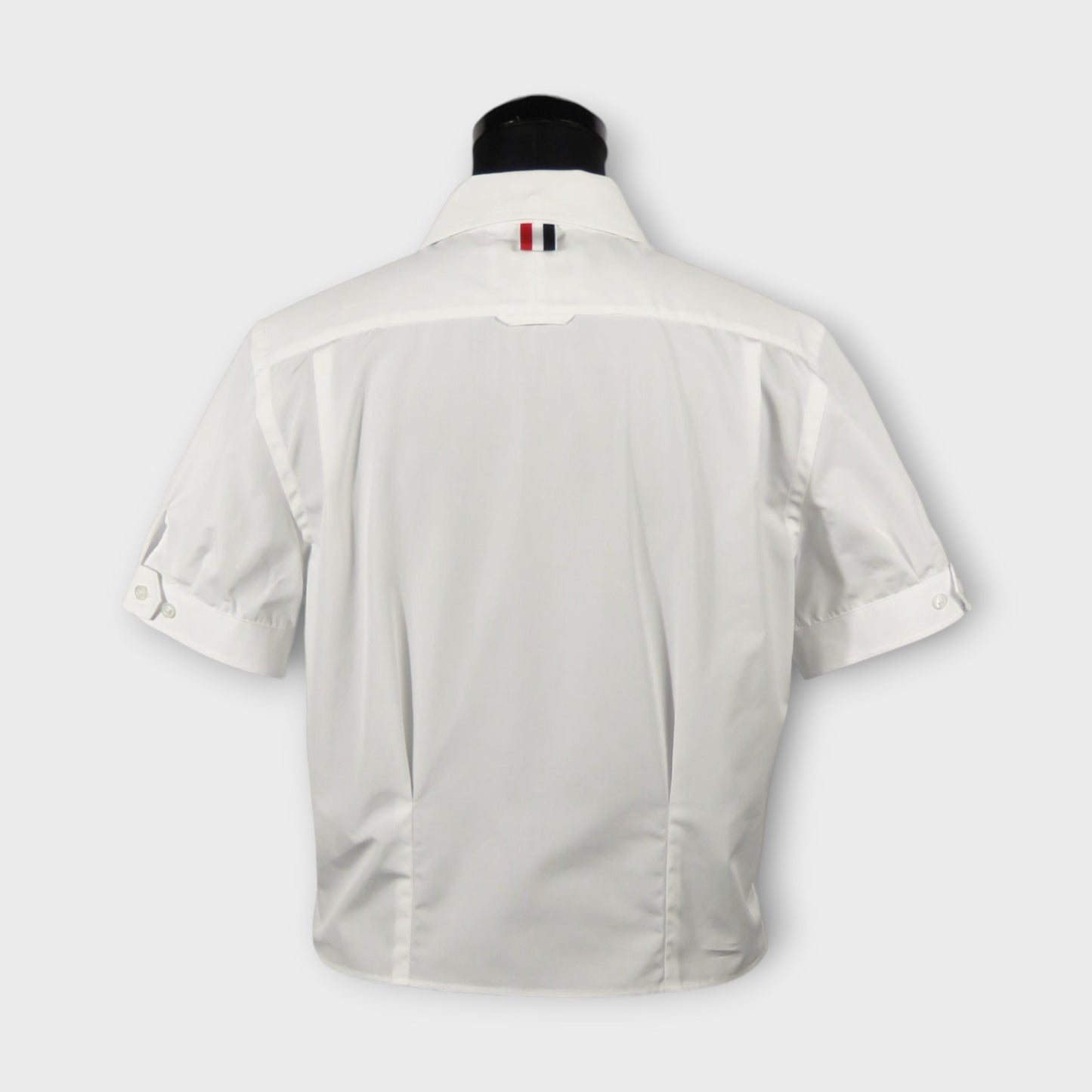 THOM BROWNE SHORT SLEEVE TUCKED BLOUSE W/ BOW IN POPLIN