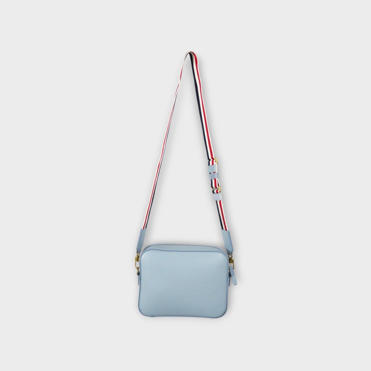 THOM BROWNE SMALL CAMERA BAG W/ RWB STRAP & 4 BAR STRIPES IN PEBBLE GRAIN LEATHER