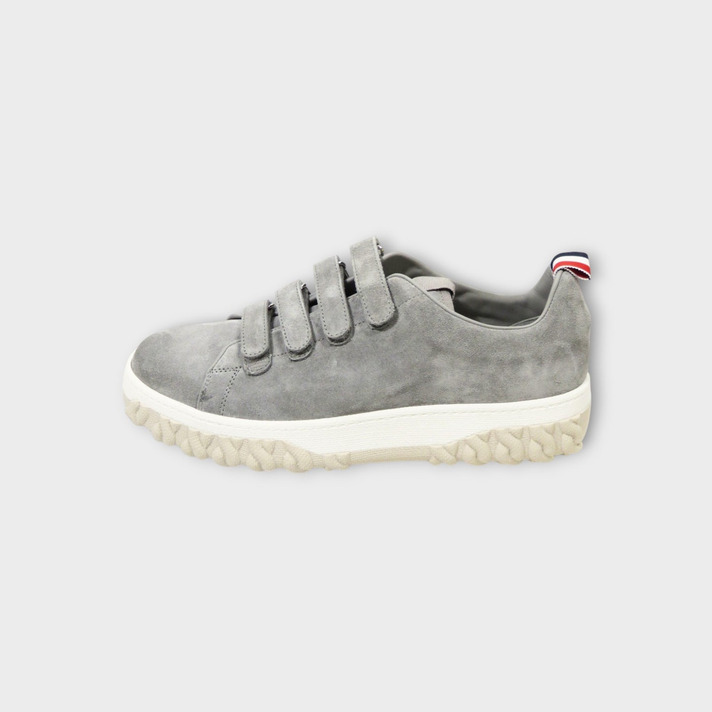 THOM BROWNE COURT SHOE W/ 4BAR VELCRO ON CABLE KNIT SOLE IN TB CALF SUEDE