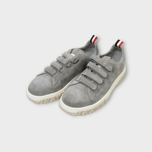 THOM BROWNE COURT SHOE W/ 4BAR VELCRO ON CABLE KNIT SOLE IN TB CALF SUEDE