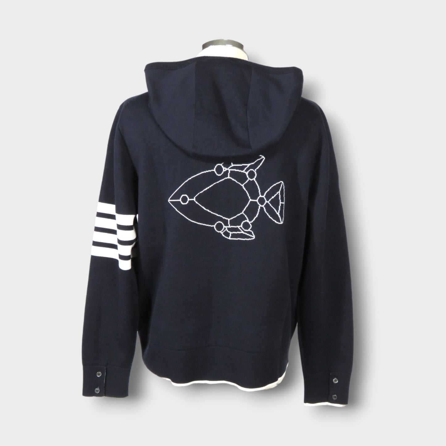 THOM BROWNE FISH ICON JACQUARD ZIP UP HOODIE IN COTTON W/ 4 BAR STRIPE