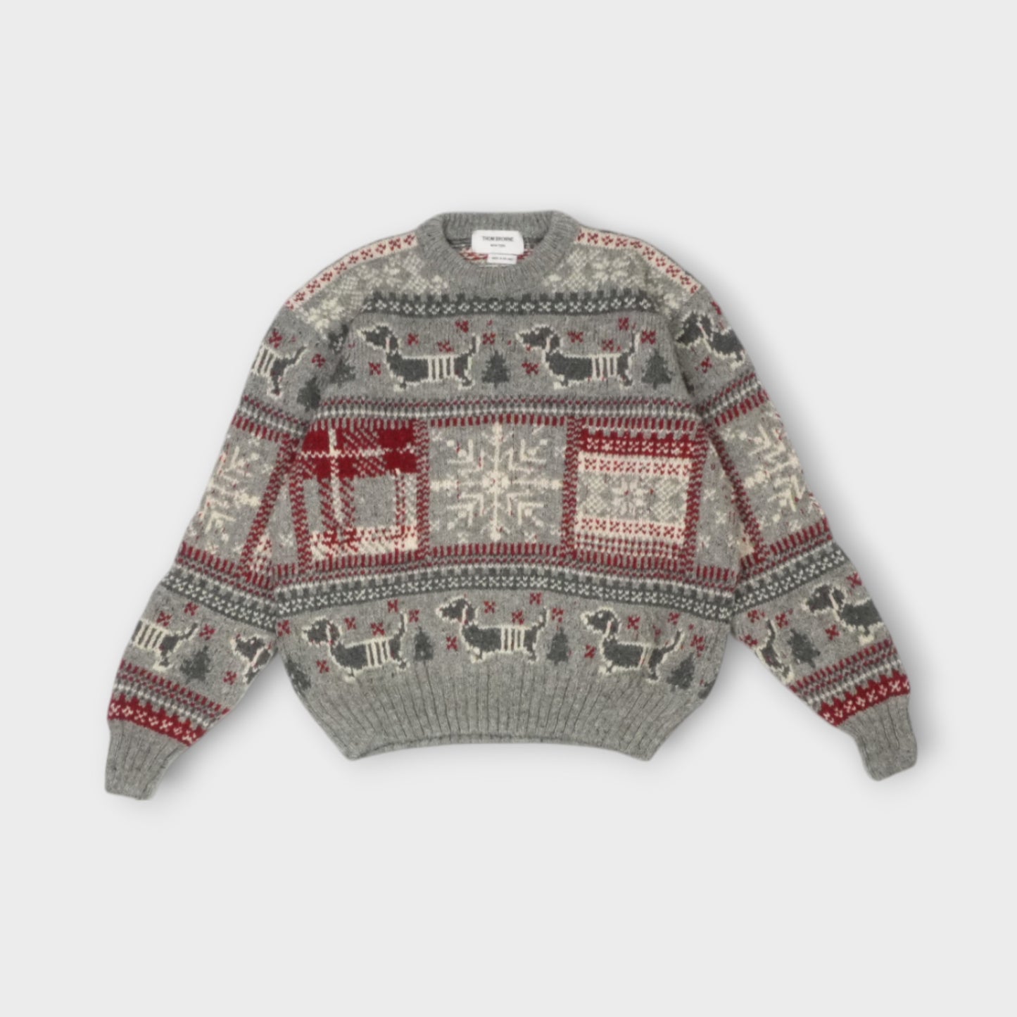 THOM BROWNE HOLIDAY HECTOR FAIRISLE JERSEY FLOAT JACQUARD RELAXED FIT CREW NECK PULLOVER IN DONEGAL MOHAIR