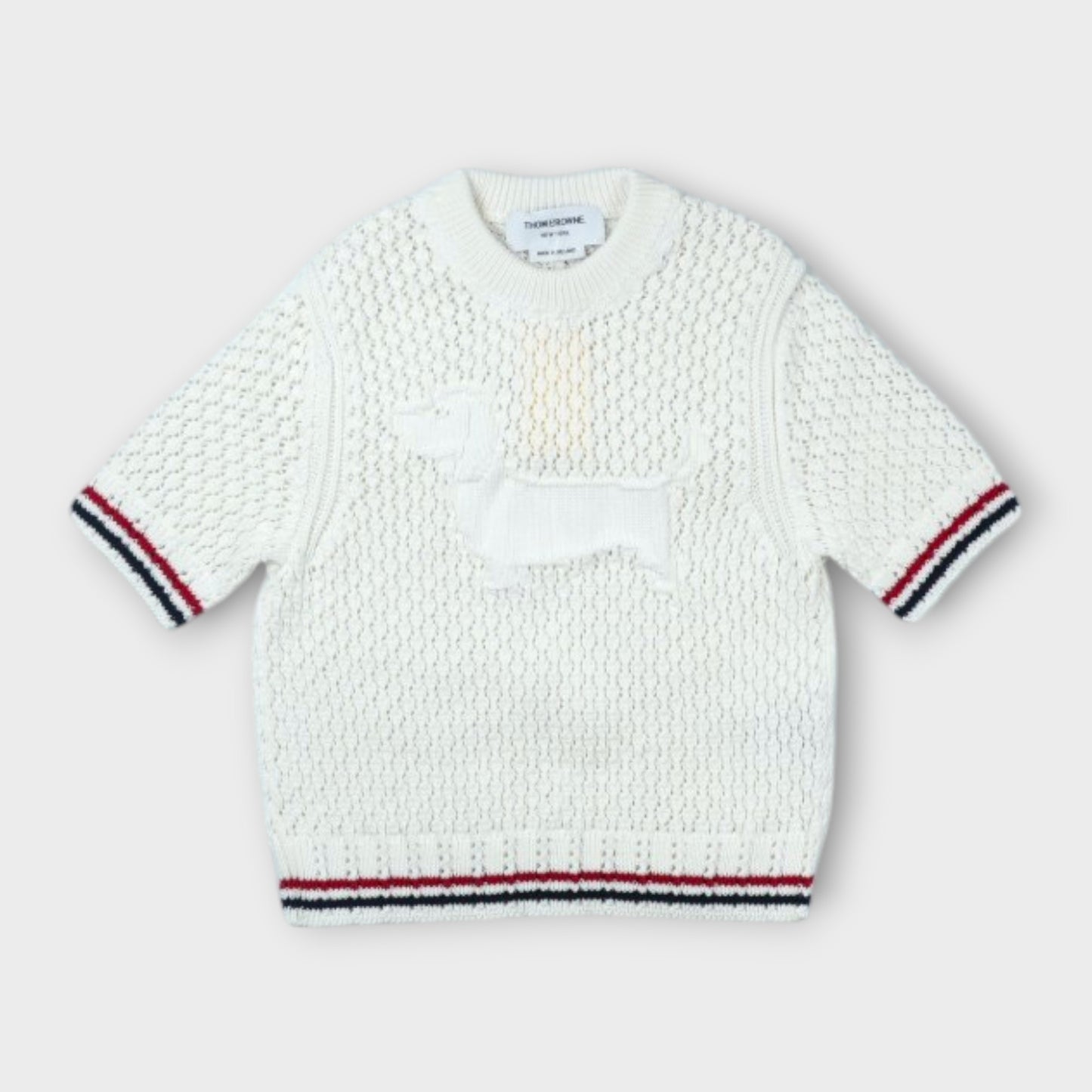 THOM BROWNE HECTOR ICON POINTELLE STITCH CREW NECK TEE IN COTTON W/ RWB STRIPE
