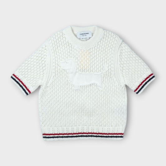 THOM BROWNE HECTOR ICON POINTELLE STITCH CREW NECK TEE IN COTTON W/ RWB STRIPE