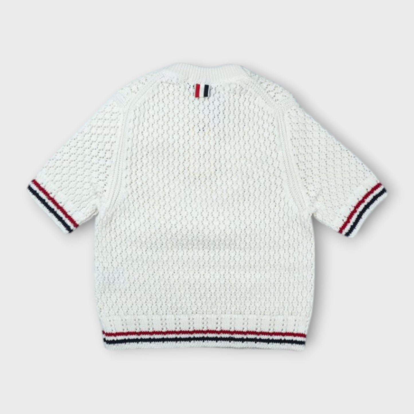 THOM BROWNE HECTOR ICON POINTELLE STITCH CREW NECK TEE IN COTTON W/ RWB STRIPE