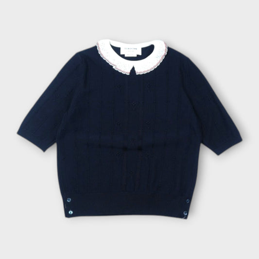 THOM BROWNE BOBBLE STITCH SS KNIT COTTON LACE TRIM TEE IN MERINO WOOL W/ RWB STRIPE