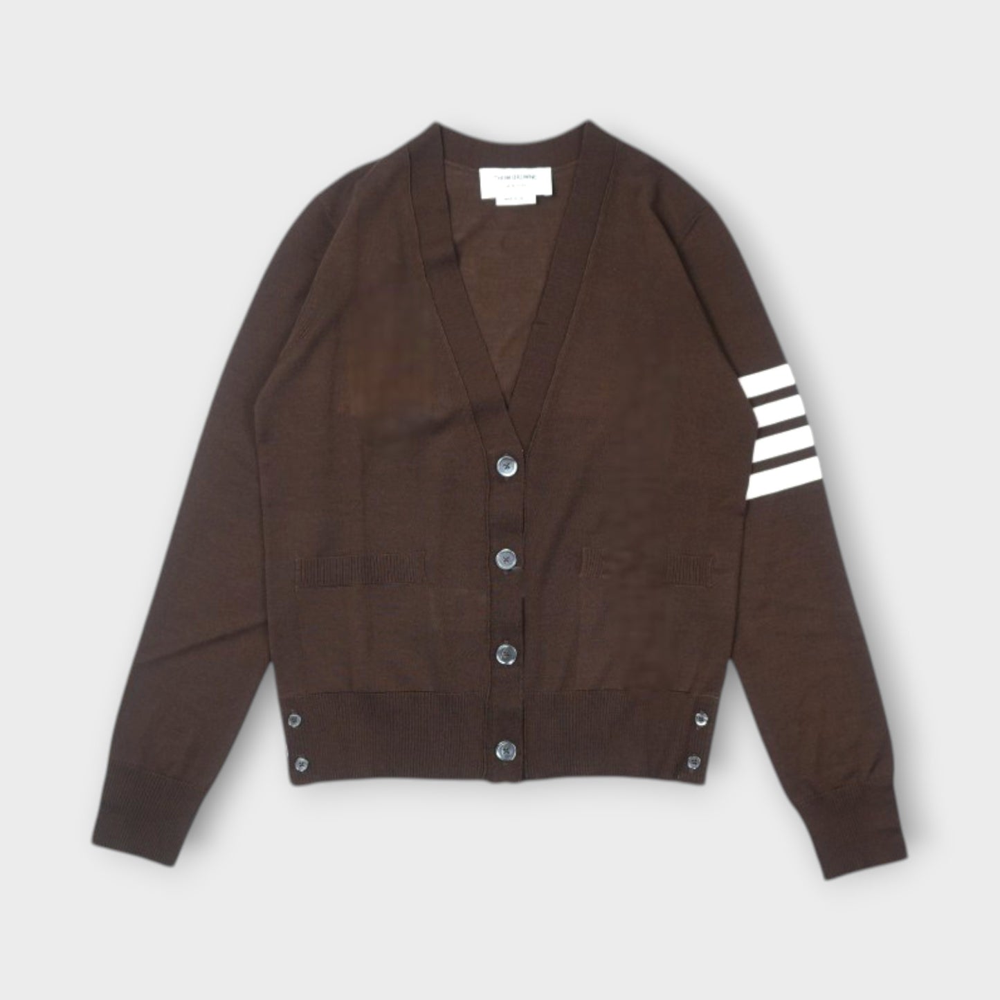 THOM BROWNE RELAXED FIT V-NECK CARDIGAN W/ 4 BAR IN FINE MERINO WOOL