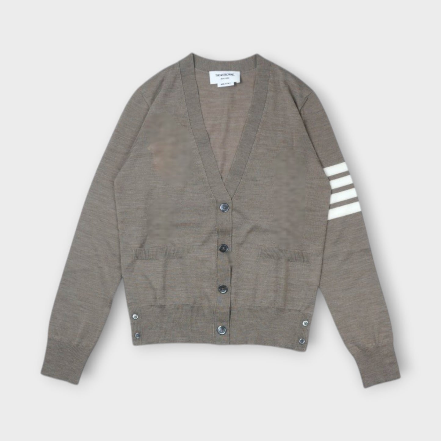 THOM BROWNE RELAXED FIT V-NECK CARDIGAN W/ 4 BAR IN FINE MERINO WOOL