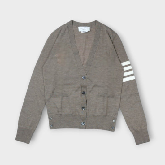 THOM BROWNE RELAXED FIT V-NECK CARDIGAN W/ 4 BAR IN FINE MERINO WOOL