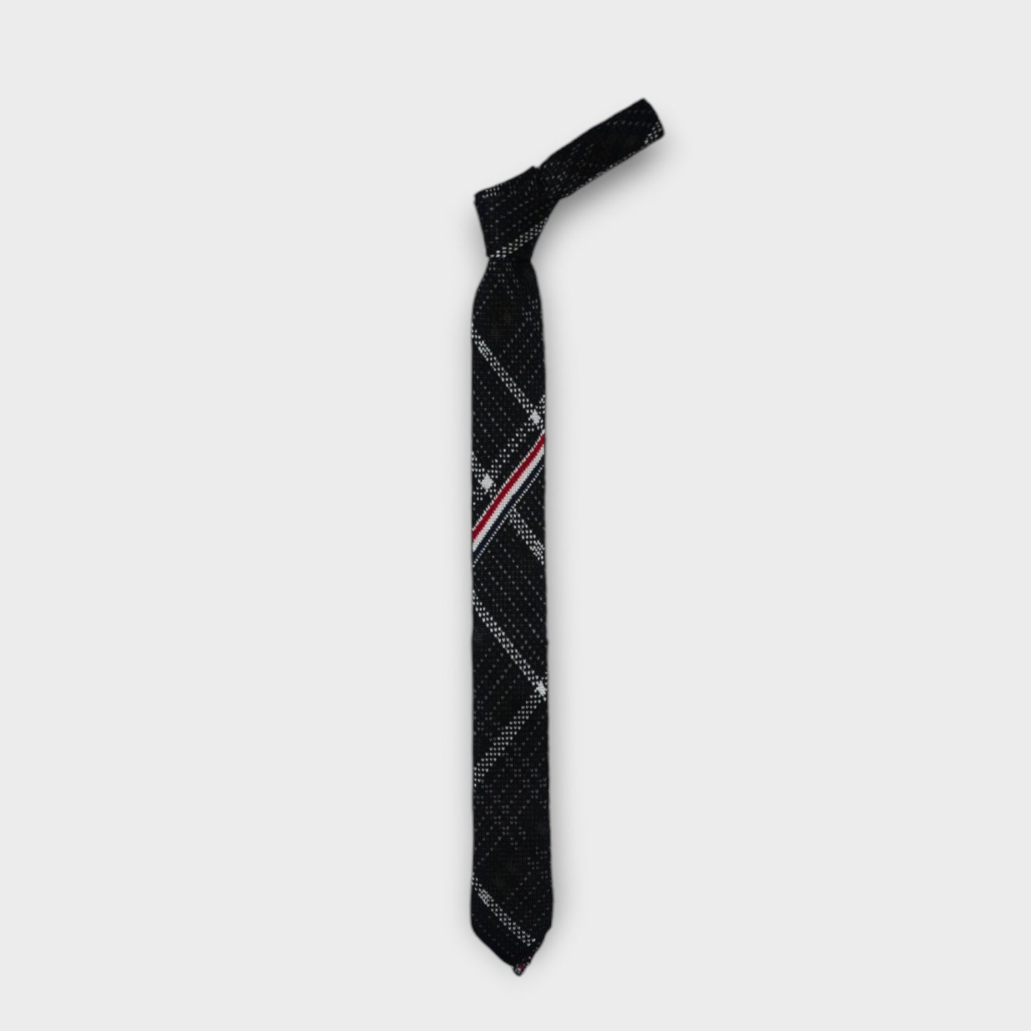 THOM BROWNE PLAID CHECK JACQUARD SILK KNIT TIE W/ RWB STRIPE IN SILK