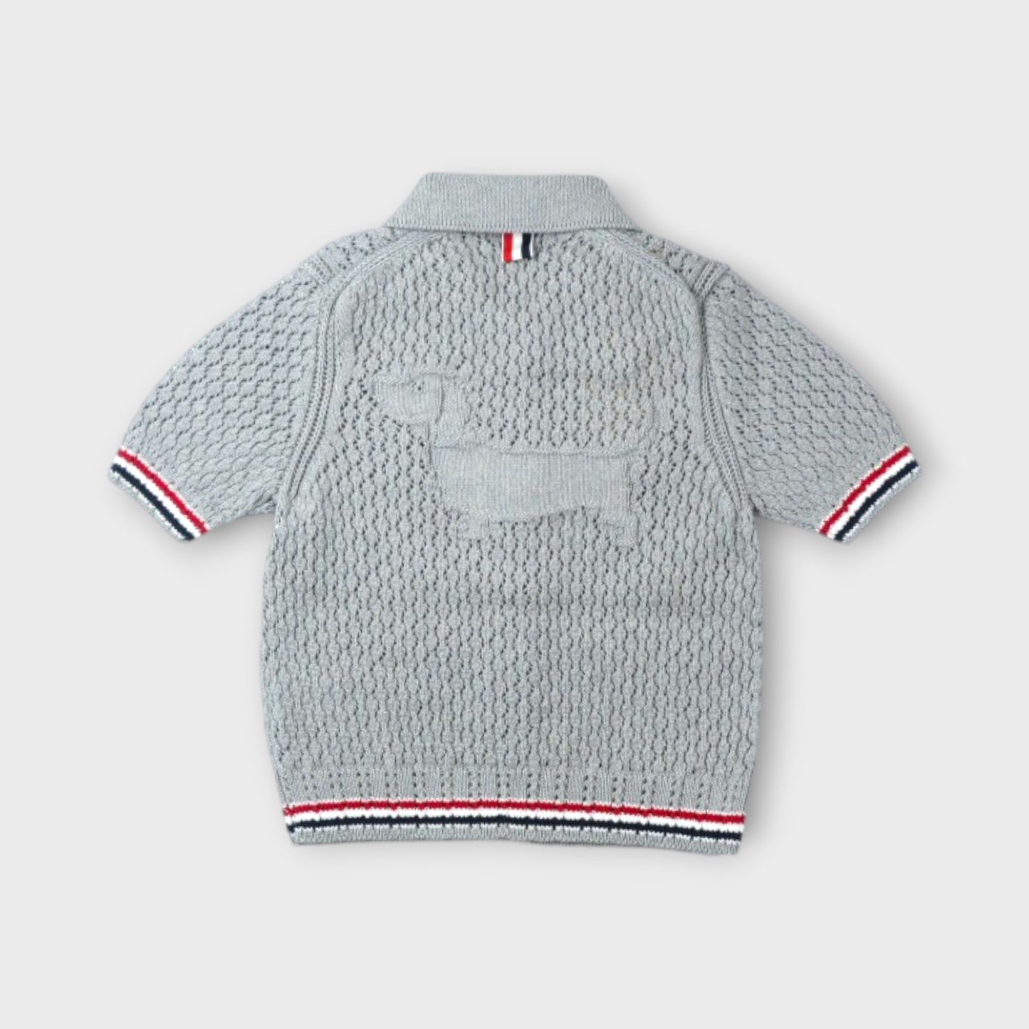THOM BROWNE HECTOR POINTELLE STITCH SS POLO COLLAR CARDIGAN IN COTTON W/ RWB STRIPE