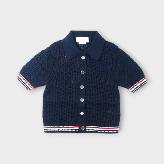 THOM BROWNE HECTOR POINTELLE STITCH SS POLO COLLAR CARDIGAN IN COTTON W/ RWB STRIPE