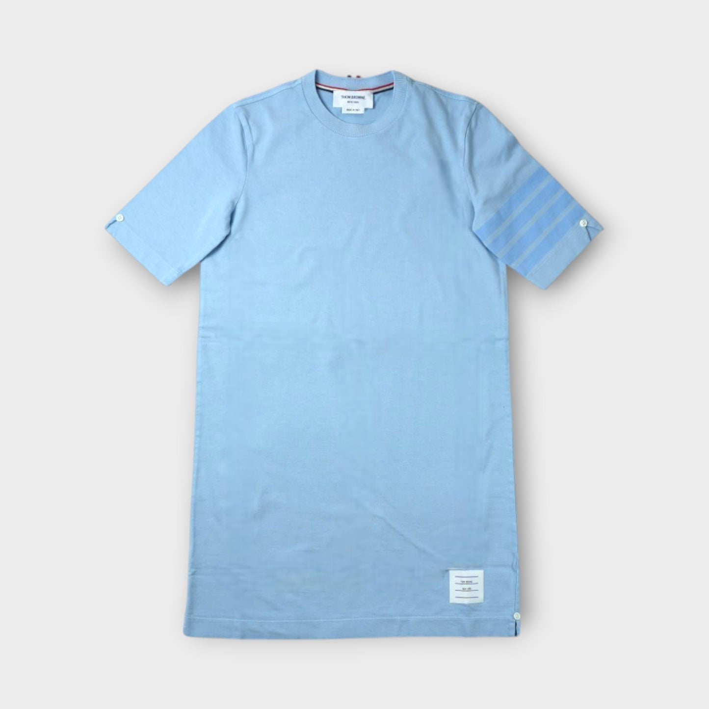 THOM BROWNE GARMENT DYED SS TEE SHIRT DRESS W/ TONAL 4 BAR IN MED WEIGHT JERSEY W/ OVERDYED 4 BAR