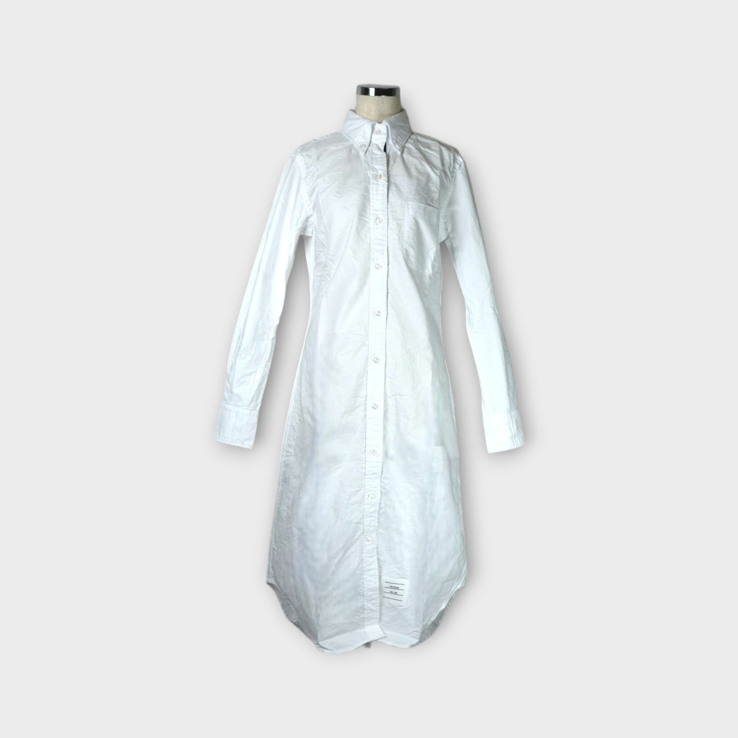 THOM BROWNE KNEE LENGTH POINT COLLAR SHIRTDRESS W/RWB GROSGRAIN PLACKET IN OXFORD