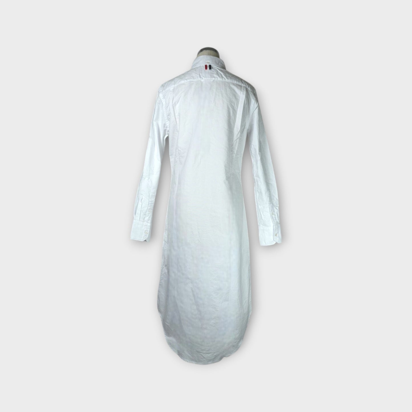 THOM BROWNE KNEE LENGTH POINT COLLAR SHIRTDRESS W/RWB GROSGRAIN PLACKET IN OXFORD