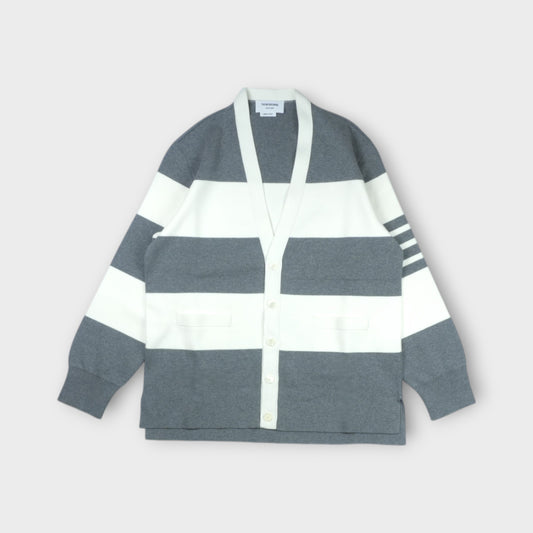 THOM BROWNE RUGBY STRIPE MILANO STITCH V NECK CARDIGAN IN LIGHTWEIGHT COTTON W/ 4BAR STRIPE