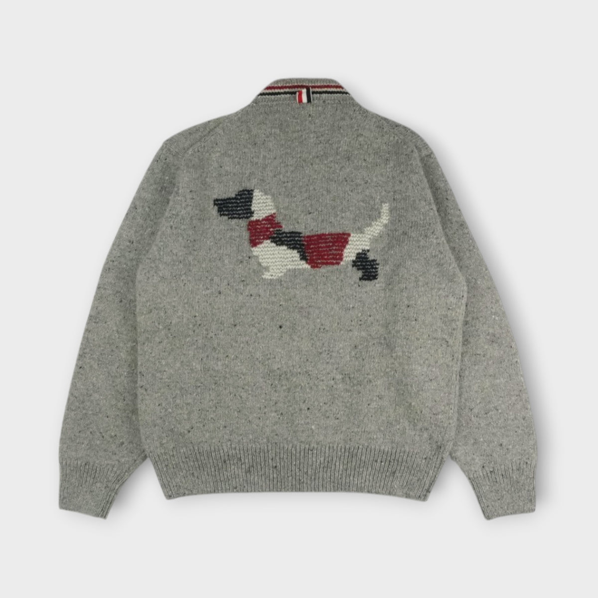 THOM BROWNE HECTOR PATCHWORK JERSEY INTARSIA V NECK CARDIGAN IN DONEGAL W/ RWB STRIPE