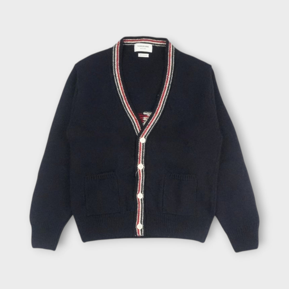 THOM BROWNE HECTOR PATCHWORK JERSEY INTARSIA V NECK CARDIGAN IN DONEGAL W/ RWB STRIPE