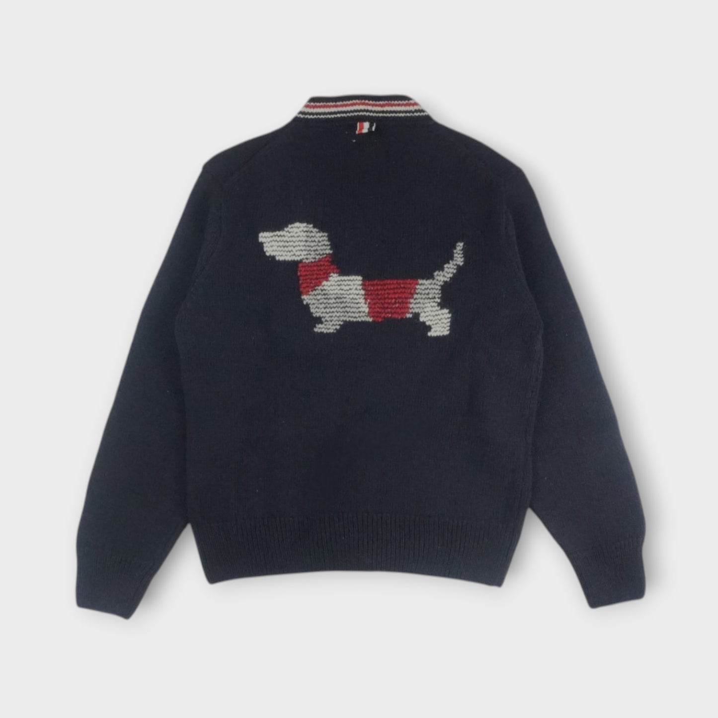 THOM BROWNE HECTOR PATCHWORK JERSEY INTARSIA V NECK CARDIGAN IN DONEGAL W/ RWB STRIPE
