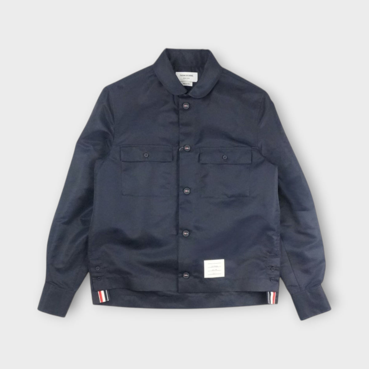 THOM BROWNE SHAWL COLLAR PATCH POCKET STRAIGHT FIT L/S SHIRT IN TWILL FLIGHT TECH