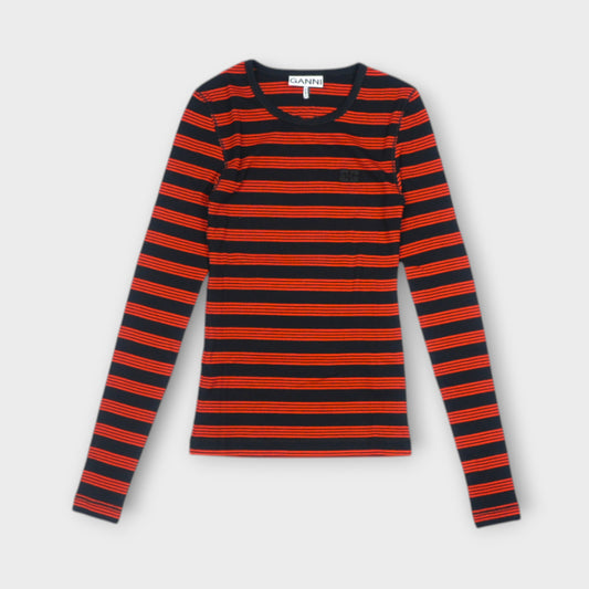 GANNI Soft Cotton Rib Striped Long Sleeve