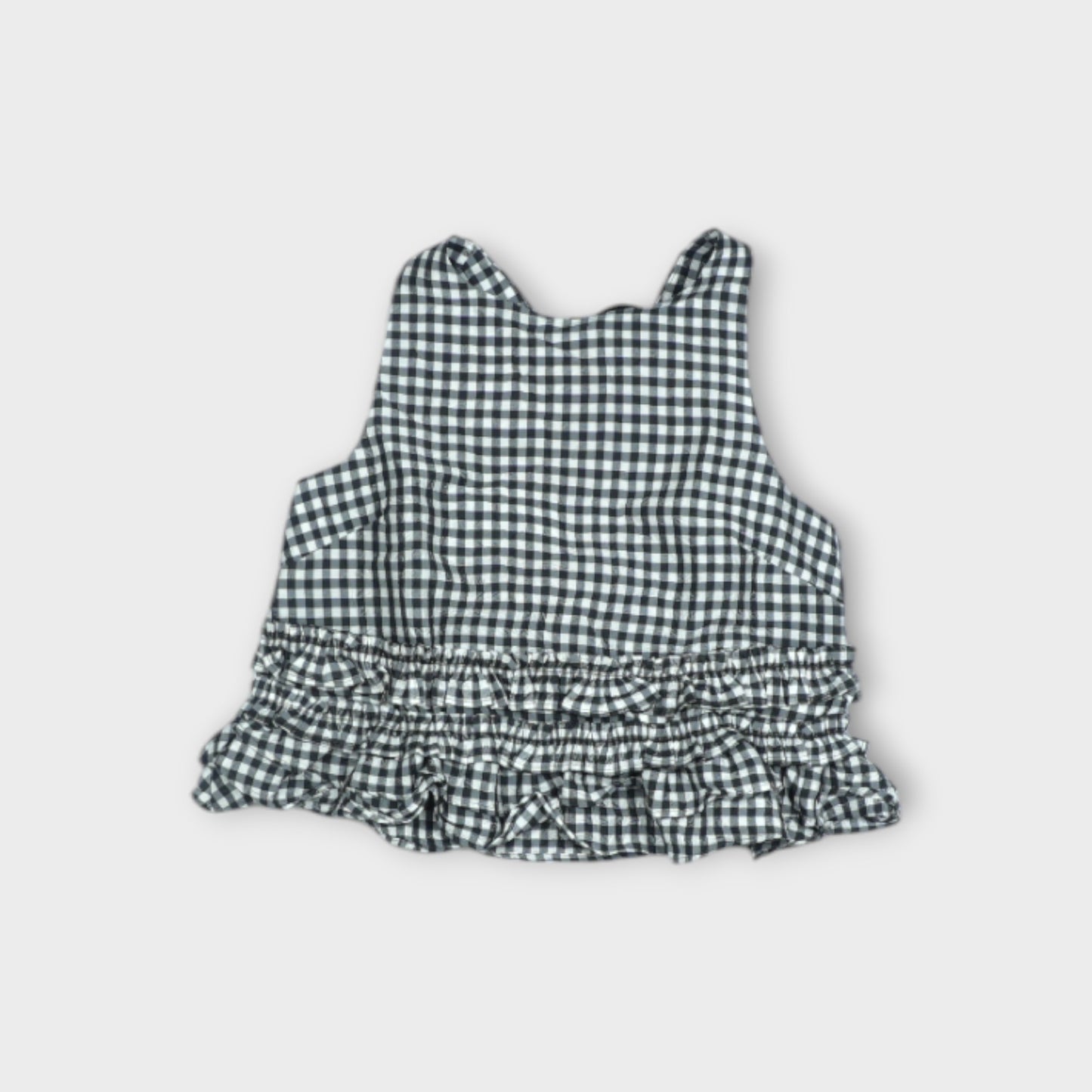 GANNI Crinkled Taffeta Check Open Back Frill Top